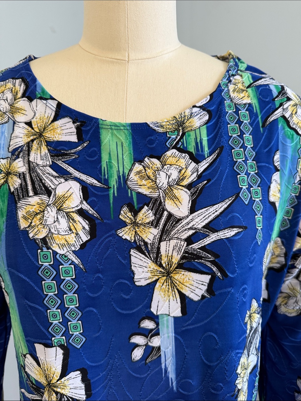 JM Collection Blue Floral 3/4 Sleeve Women’s Tunic Top PL - Picture 3 of 14